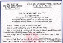 Giấy chứng nhận đăng ký đầu tư (trường hợp điều chỉnh GCNĐKĐT) Giấy chứng nhận đầu tư