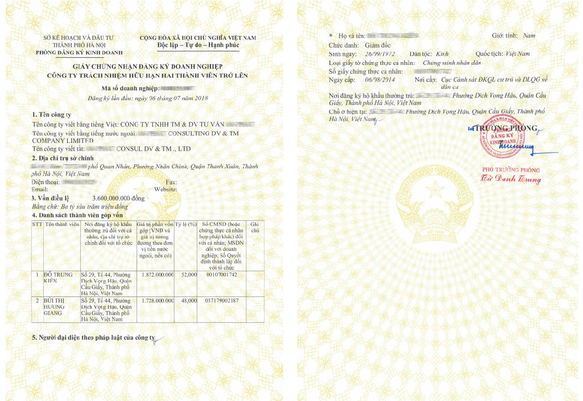 Mẫu Giấy chứng nhận đăng ký công ty TNHH hai thành viên trở lên | Công ty TNHH Tư Vấn Việt Luật